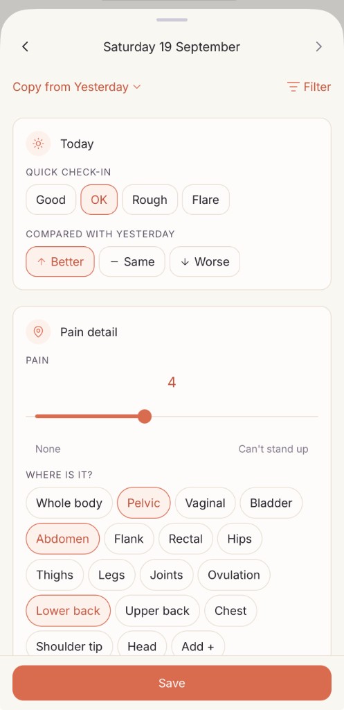 Orvella daily log with pain scored at 4
