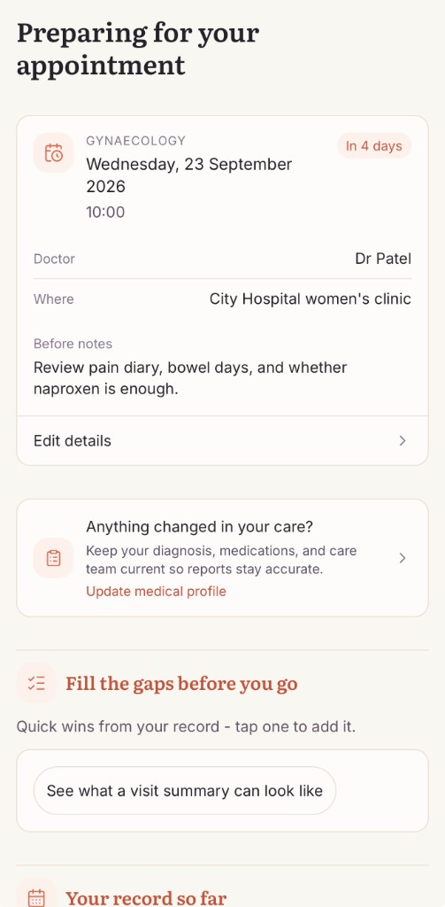 Orvella appointment prep for a gynaecology visit with Dr Patel